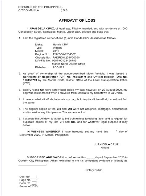 lto or cr portal|Affidavit of Loss OR/CR for Motor Vehicle Sample.